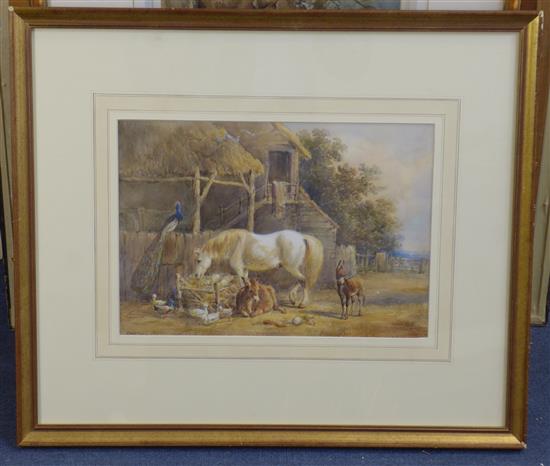 Henry Earp Snr (1831-1914) Horse, donkeys and a peacock beside a stable, 9.5 x 13.5in.